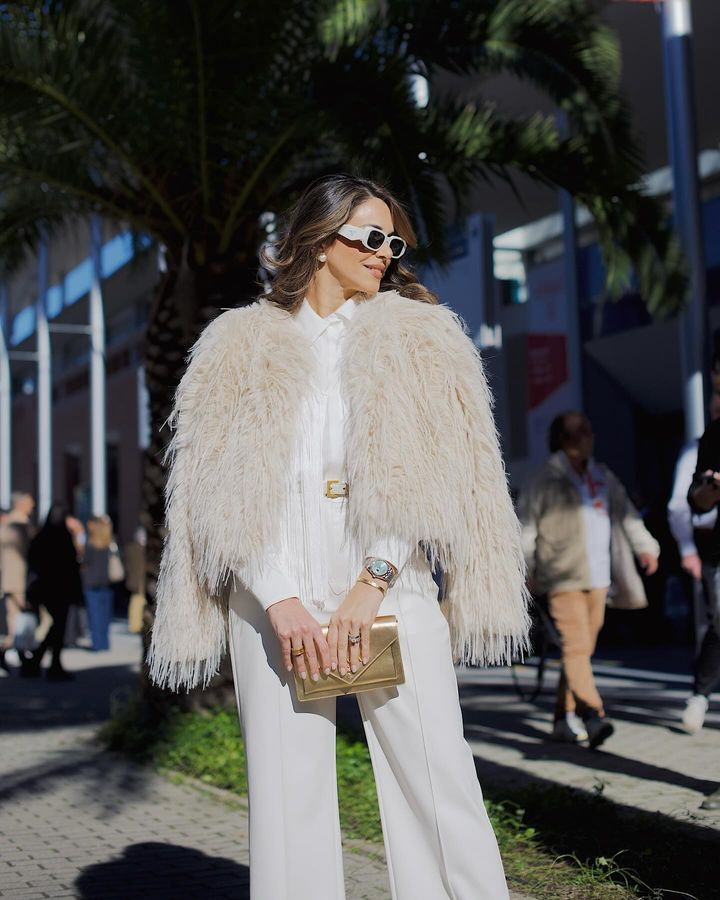 Tailored Sophistication: Cream Fur Jacket with Silk Set Tailored Sophistication: Cream Fur Jacket with Silk Set — Mob Wife Outfits 2027