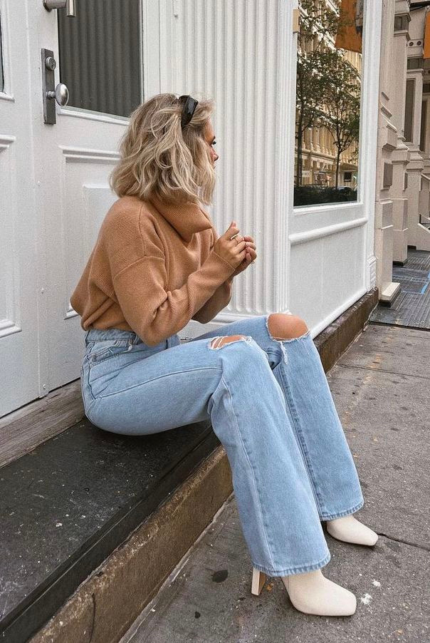 Ripped Knee Detail and Tan Turtleneck with Light Blue Jeans — Wide Leg Jeans Outfits 2027