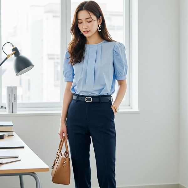 Detail-Oriented Style: Light Blue Blouse and Navy Trousers Detail-Oriented Style: Light Blue Blouse and Navy Trousers — Interview Outfits 2027