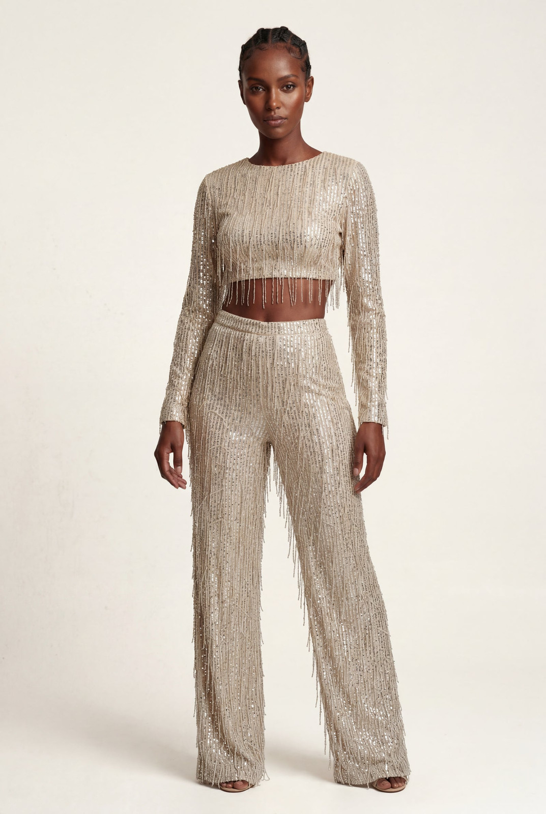 Champagne Sequin Fringe Pants for a Glamorous Entrance Champagne Sequin Fringe Pants for a Glamorous Entrance — New Years Eve Outfits 2027 with Pants
