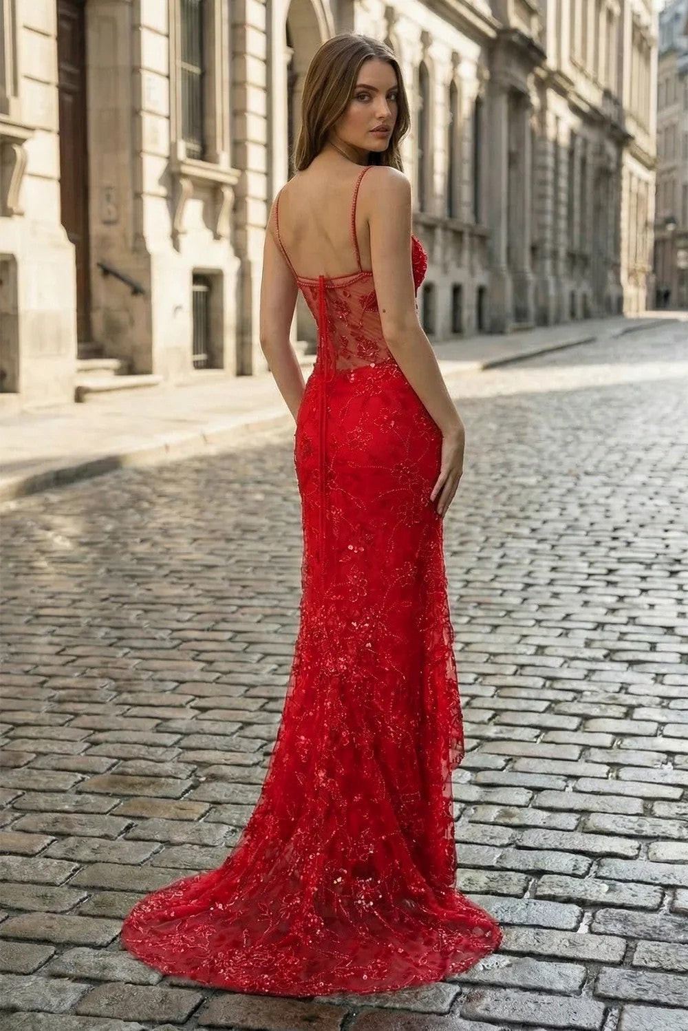 Intricately Beaded Red Lace Gown with Spaghetti Straps Intricately Beaded Red Lace Gown with Spaghetti Straps — Red Prom Dresses 2027