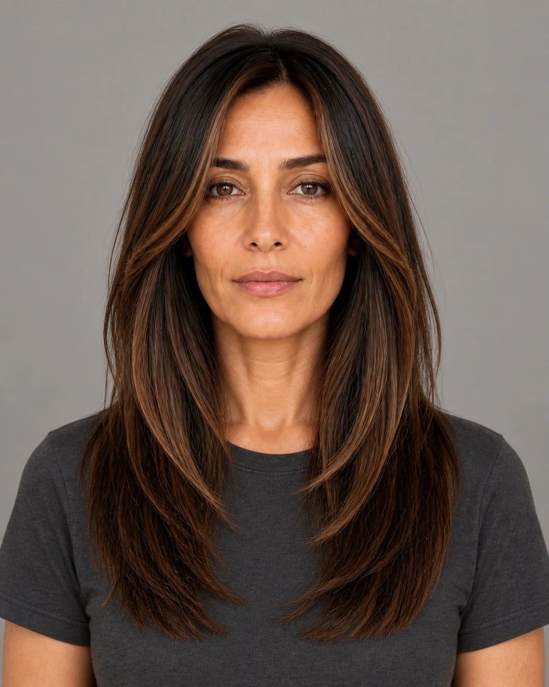 No Bangs Mid-Back Straight Dark Brown With Caramel No Bangs Mid-Back Straight Dark Brown With Caramel — Hair Color 2027 for Long Face