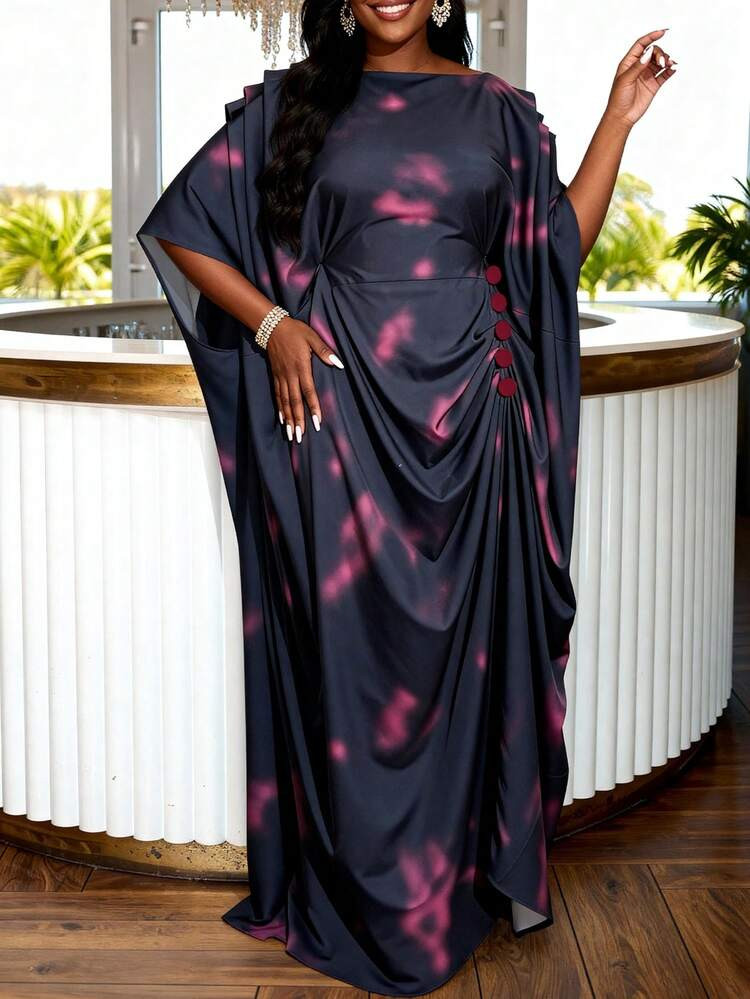 Navy and Pink Tie-Dye Kaftan Dress with Button Detail Navy and Pink Tie-Dye Kaftan Dress with Button Detail — Church Dresses 2027