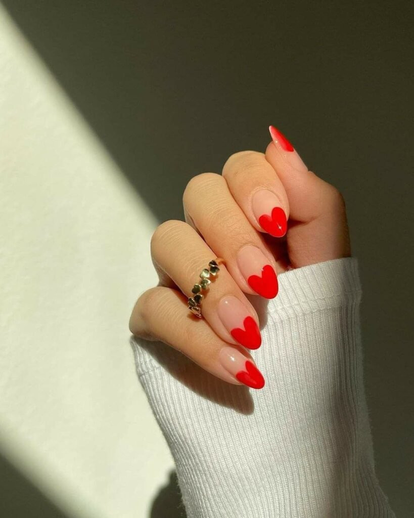 Sheer Nude Base Vibrant Red Tips Visual Idea Sheer Nude Base Vibrant Red Tips Visual Idea — Pink Valentines Nails 2027
