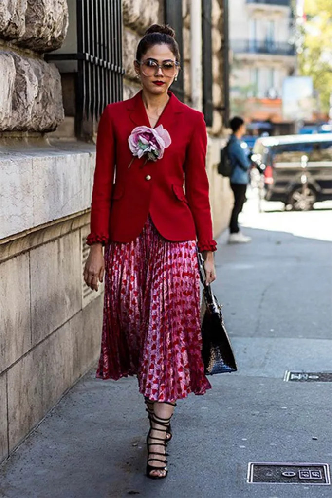 Red Blazer Over a Pink and Red Floral Midi Skirt Red Blazer Over a Pink and Red Floral Midi Skirt — Pink and Red Outfits 2027