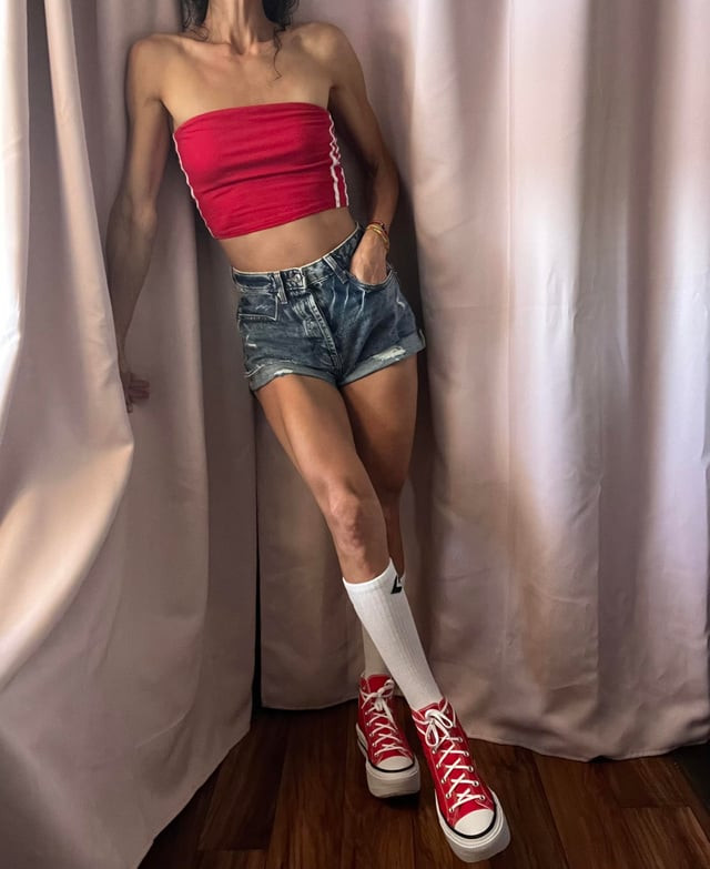 Red Striped Tube Top with Cuffed Denim Shorts and Sneakers Red Striped Tube Top with Cuffed Denim Shorts and Sneakers — Tube Top Outfits 2027