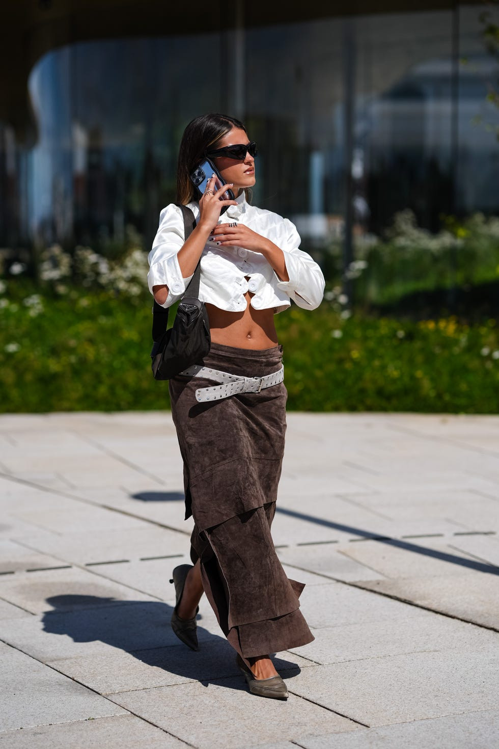 Layered Brown Skirt with Cropped Blouse and Dark Green Heels — Slip Skirt Outfits 2027