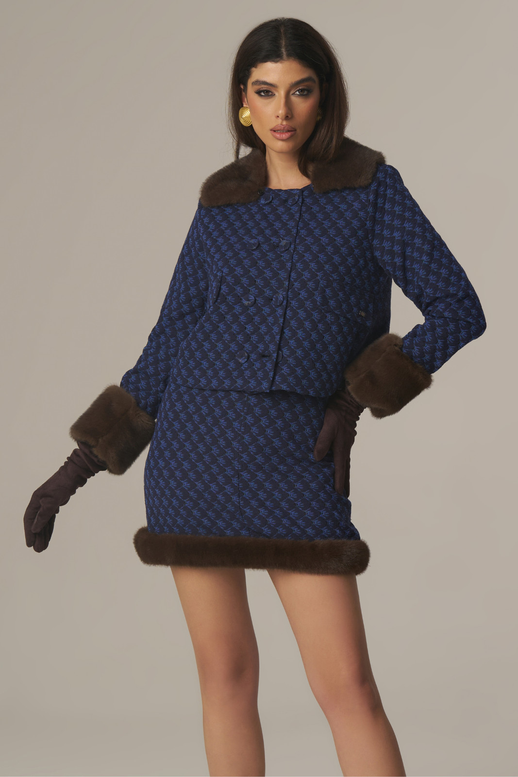 Blue Patterned Jacket with Faux Fur Trim and Mini Skirt Blue Patterned Jacket with Faux Fur Trim and Mini Skirt — Faux Fur Outfits 2027