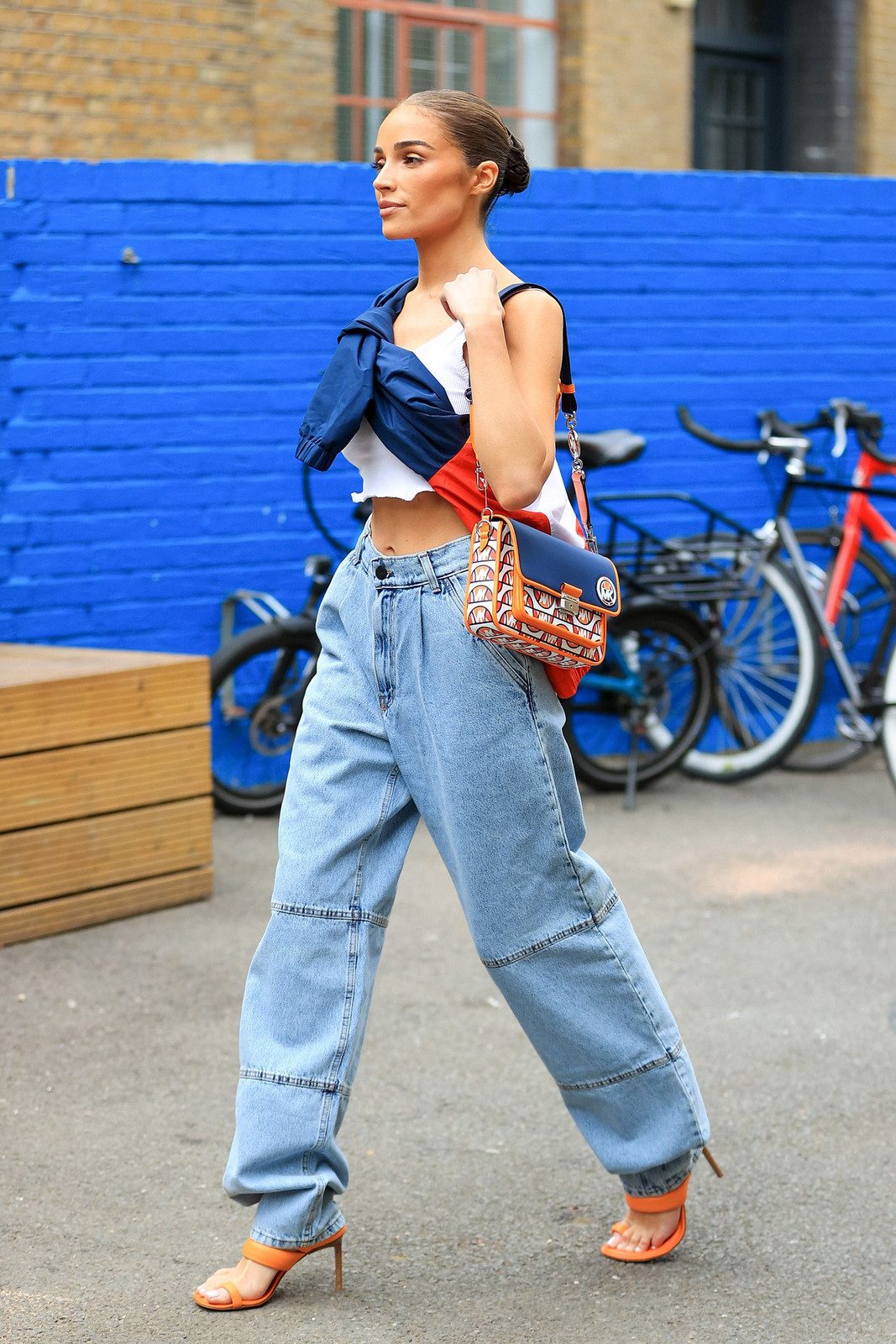 Baggy Jeans and Crop Top with Orange Heeled Sandals Baggy Jeans and Crop Top with Orange Heeled Sandals — Summer Outfits 2027 with Sandals