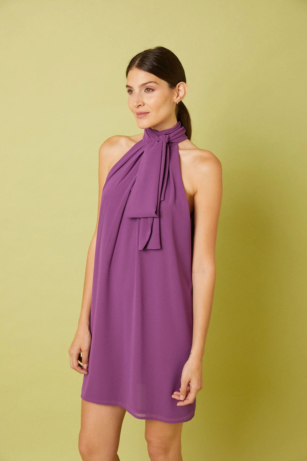Purple Crepe Halter Neck Dress with Bow Detail Purple Crepe Halter Neck Dress with Bow Detail — Wedding Guest Outfits Cocktail 2027