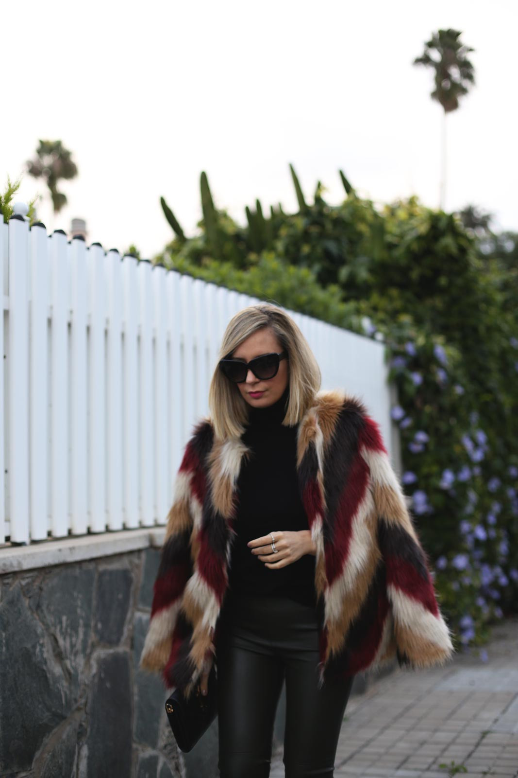 Statement Striped Faux Fur Coat Over Black Basics Statement Striped Faux Fur Coat Over Black Basics — Colorful Outfits 2027