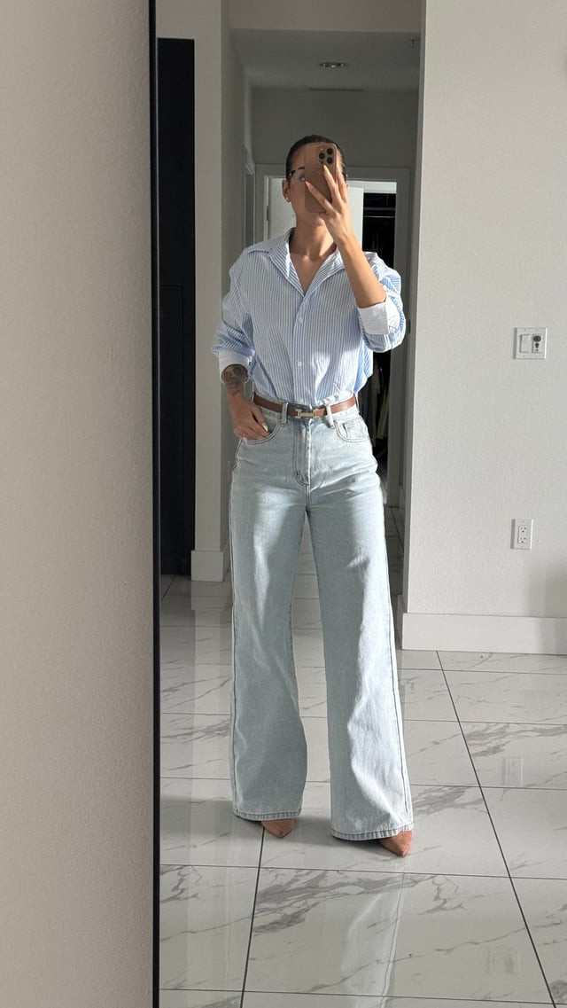 Wide-Leg Jeans with Striped Button-Down and Heels Wide-Leg Jeans with Striped Button-Down and Heels — Conference Outfits 2027