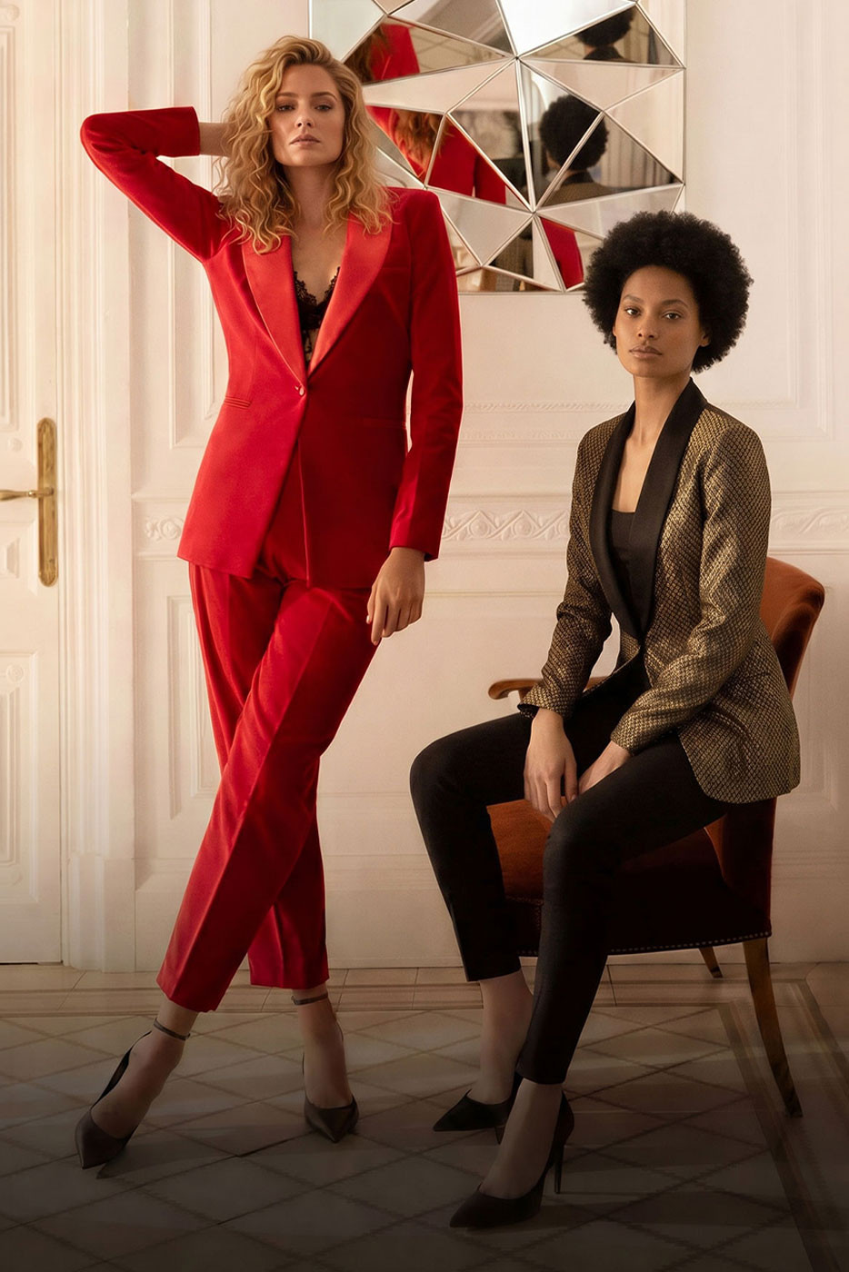 Vibrant Red Suit with Satin Lapels and Lace Bralette — Cotillion Outfits 2027
