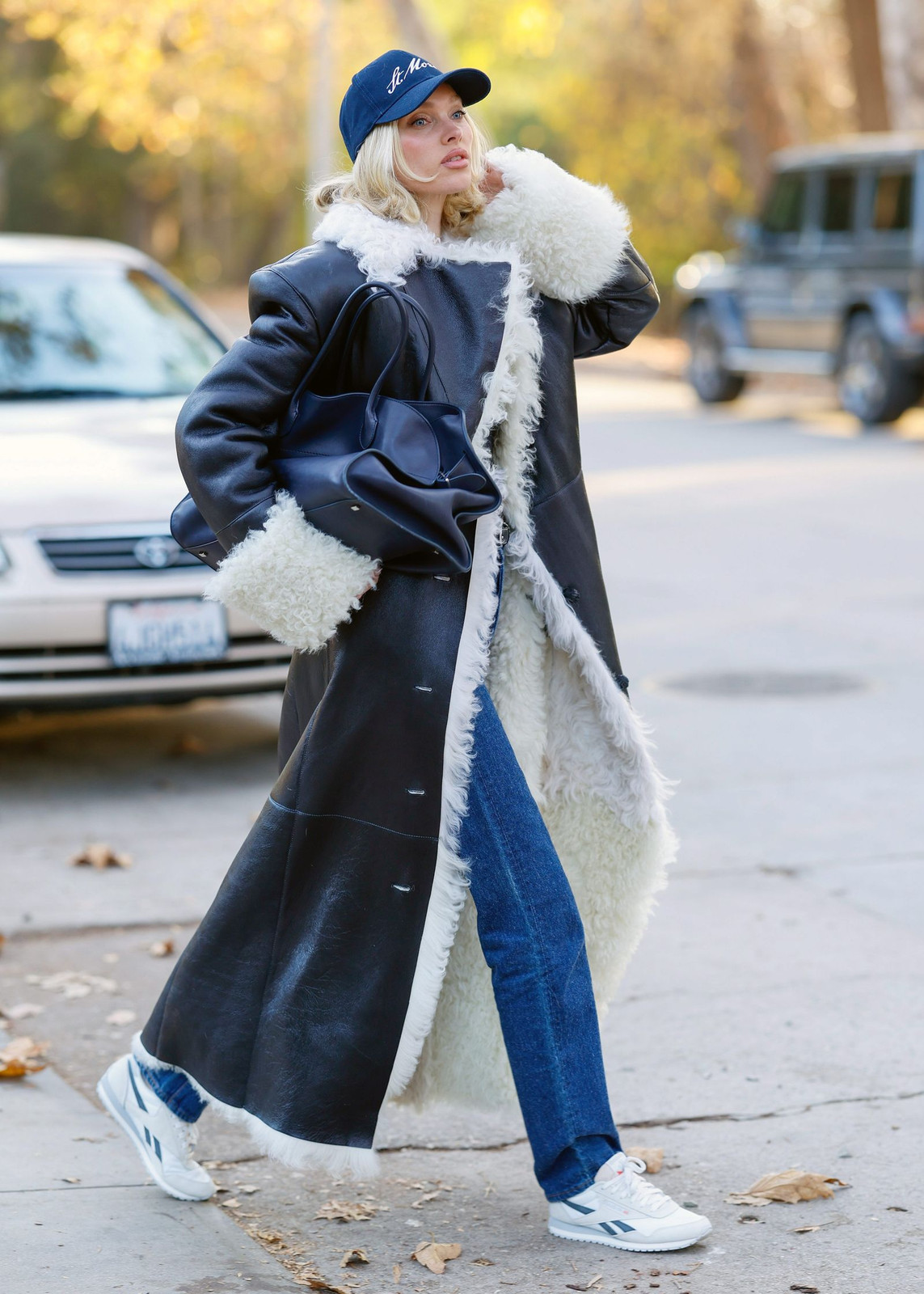 Cozy Shearling-Lined Coat Over Denim Cozy Shearling-Lined Coat Over Denim — Winter Navy Outfits 2027