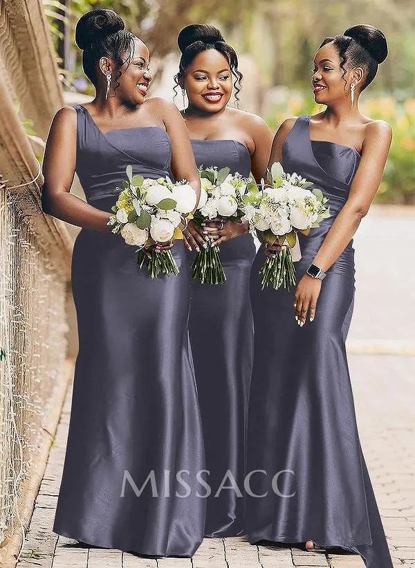 Charcoal Grey One-Shoulder Satin Mermaid Dresses — Satin Bridesmaid Dresses 2027
