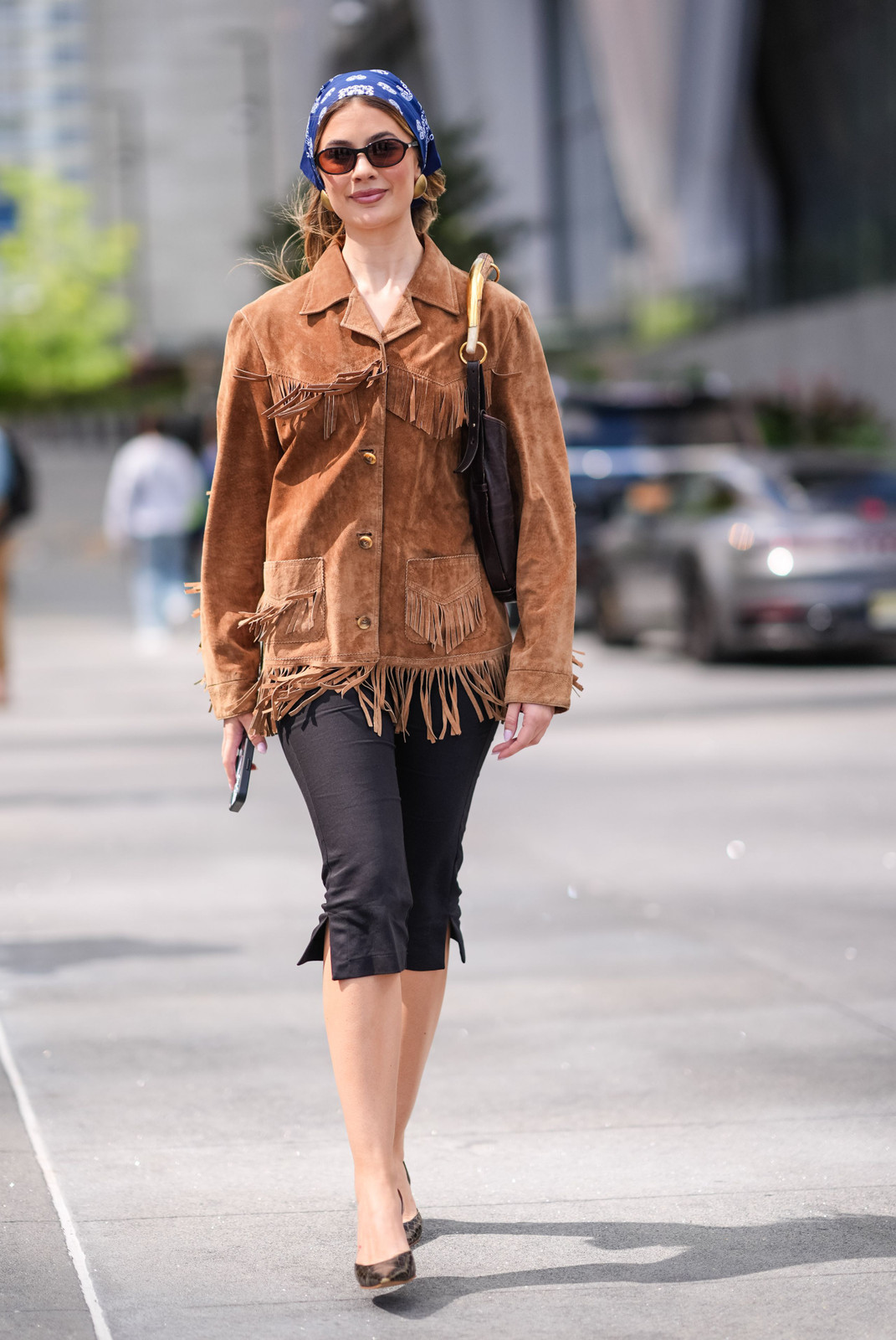 Suede Fringe Jacket with Cropped Trousers and Headscarf Suede Fringe Jacket with Cropped Trousers and Headscarf — Spring Europe Outfits 2027