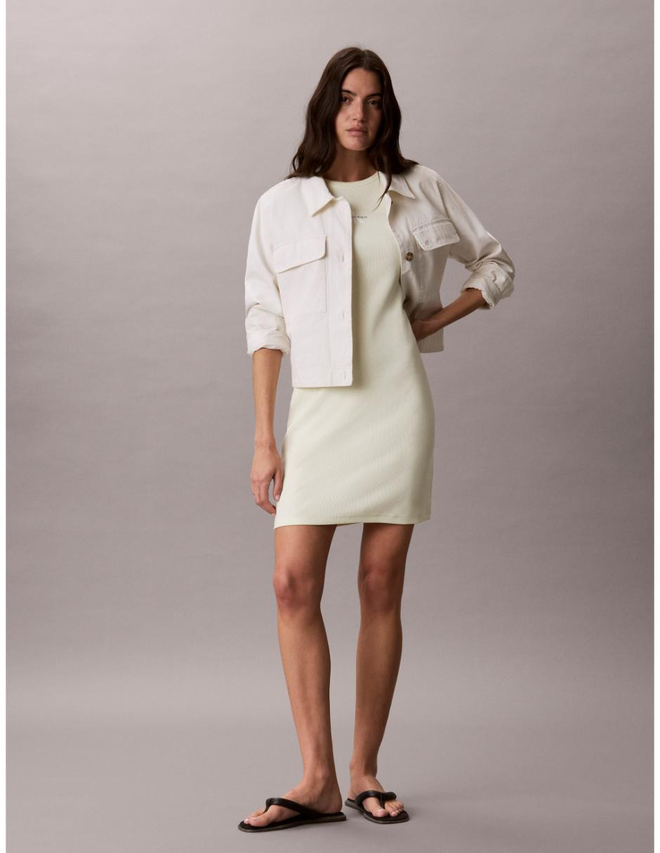 Pale Yellow Ribbed Knit Mini Dress with Utility Jacket — Mini Dresses 2027
