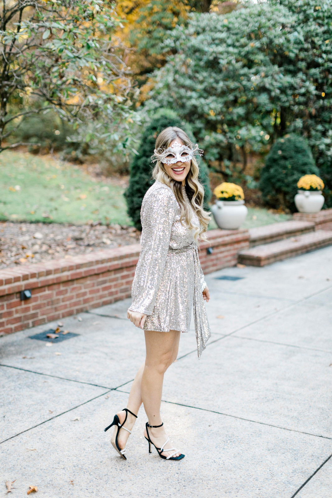 Silver Sequin Mini Dress with Masquerade Mask Silver Sequin Mini Dress with Masquerade Mask — New Years Eve Outfits 2027
