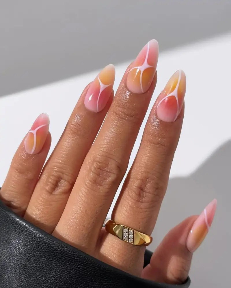 Pink Orange Yellow Aura Nails With White Lines — Aura Nails 2027