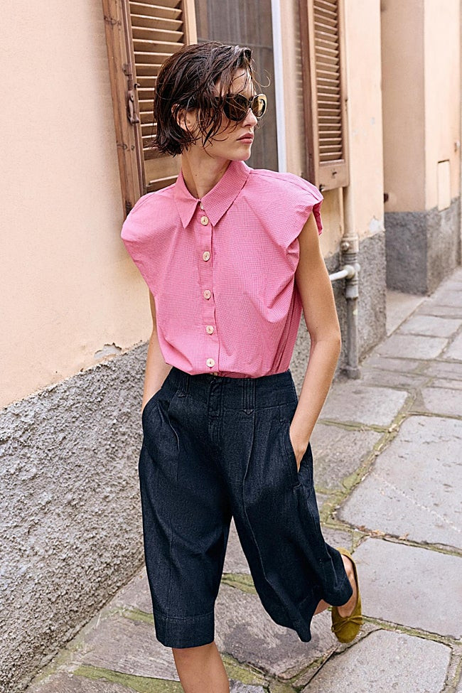 Pink Gingham Shirt with Denim Culottes — Blush Outfits 2027