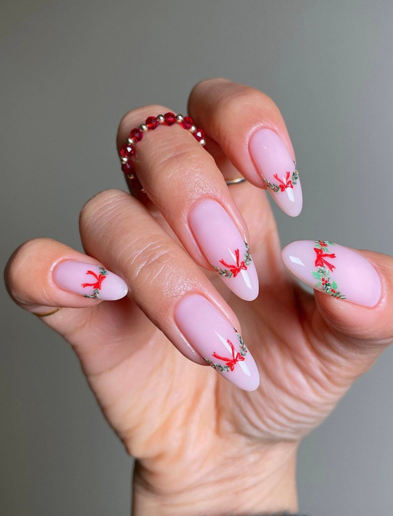 Wreath and Bow Tips on Pink Wreath and Bow Tips on Pink — Christmas Bow Nails 2026