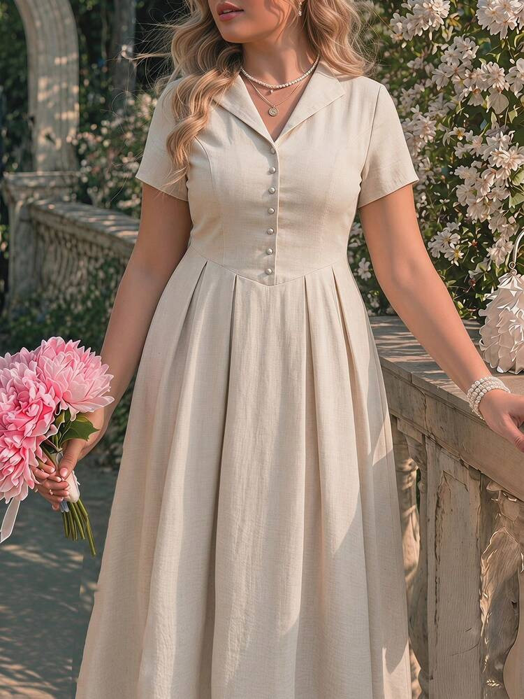 Apricot Linen Blend Collared Midi Dress with Pleated Skirt Apricot Linen Blend Collared Midi Dress with Pleated Skirt — Modest Dresses 2027