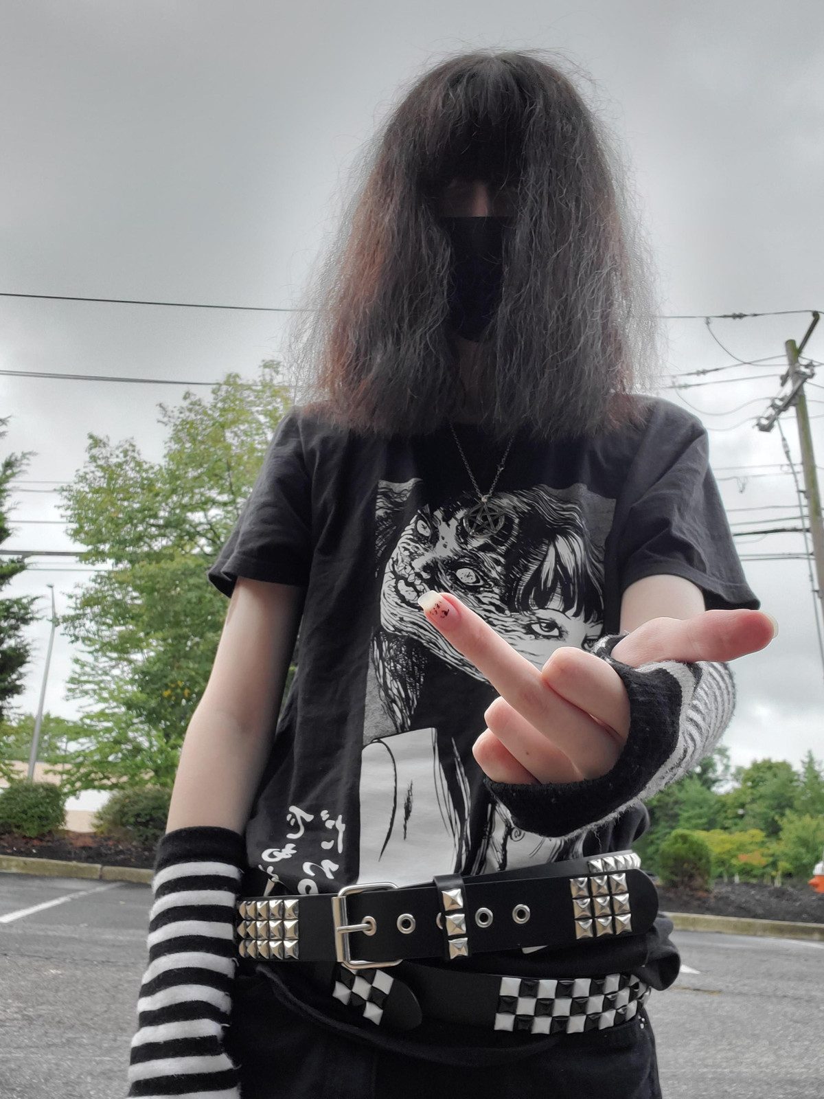 Scene Aesthetic: Graphic Tee, Striped Sleeves, and Studded Belt Scene Aesthetic: Graphic Tee, Striped Sleeves, and Studded Belt — Scene Outfits 2027