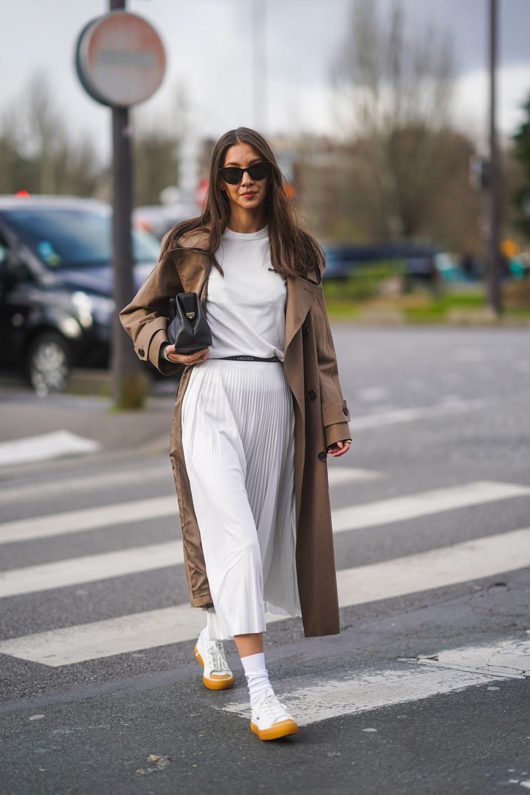 White Pleated Midi Skirt And Trench Coat Ensemble White Pleated Midi Skirt And Trench Coat Ensemble — Sneakers 2027 with Dress Outfits