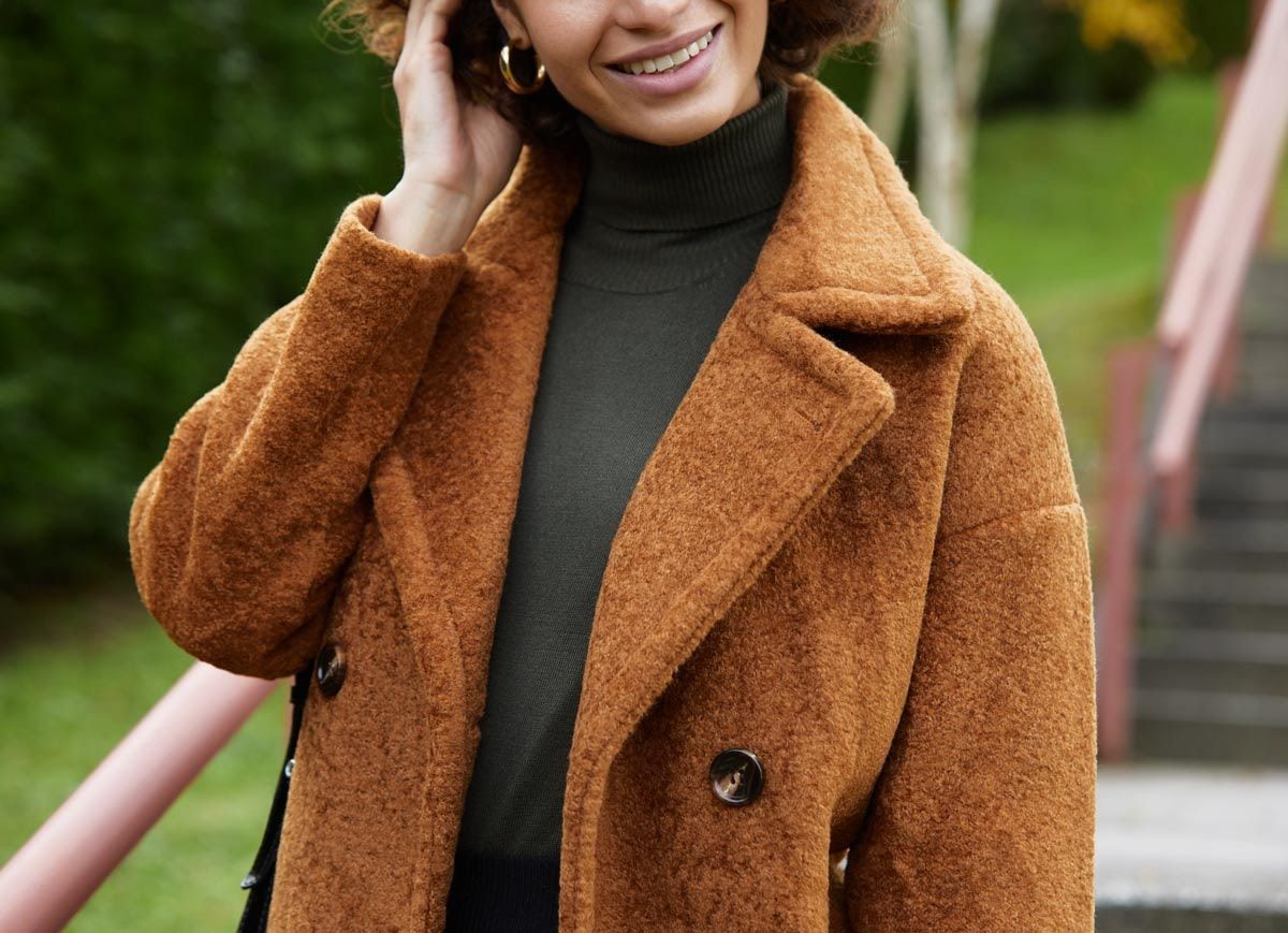 Textured Brown Teddy Coat with Dark Green Turtleneck — Teddy Coat Outfits 2027