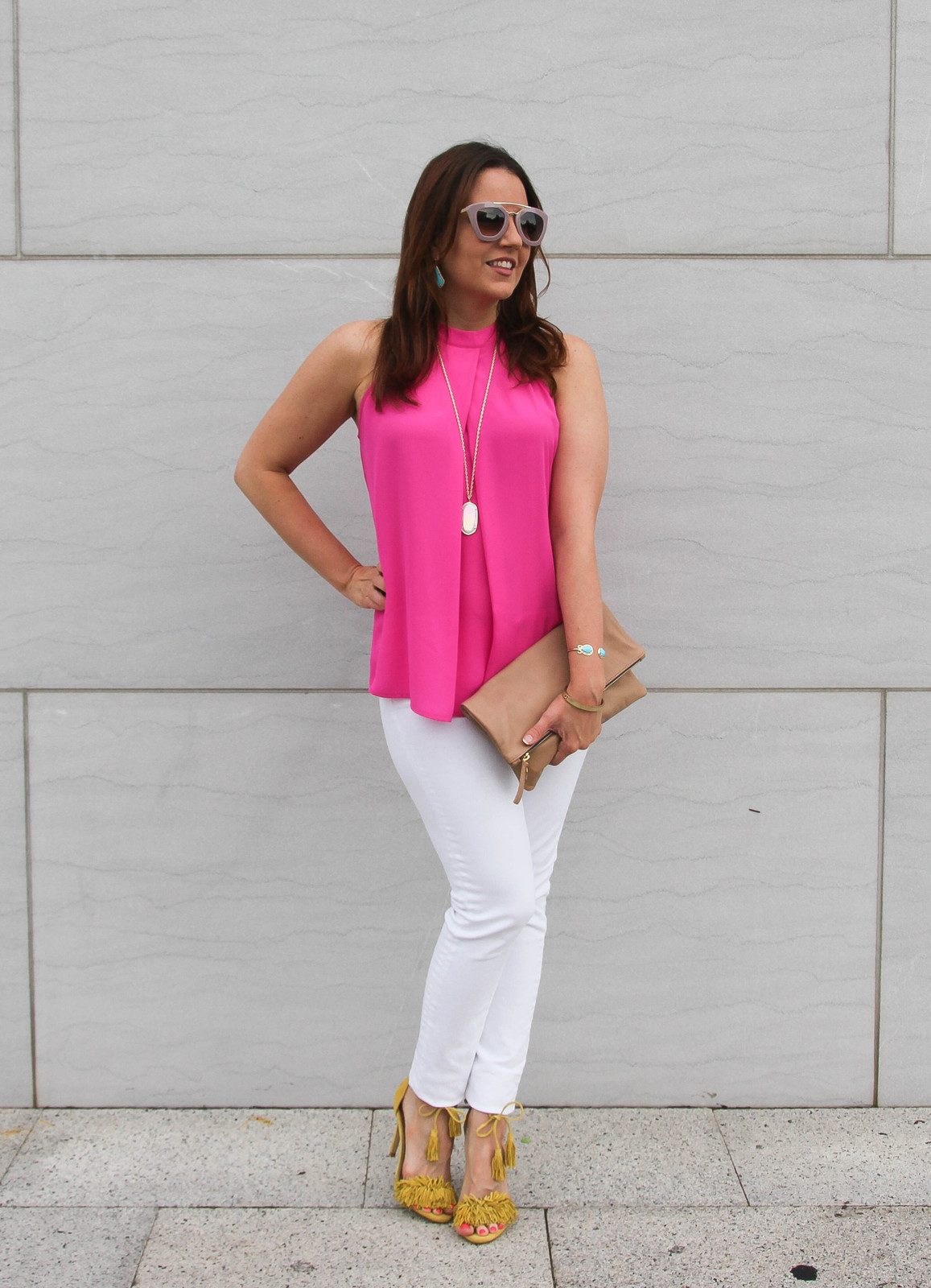 Hot Pink Top and White Skinny Jeans with Yellow Fringe Sandals Hot Pink Top and White Skinny Jeans with Yellow Fringe Sandals — Colorful Summer Outfits 2027