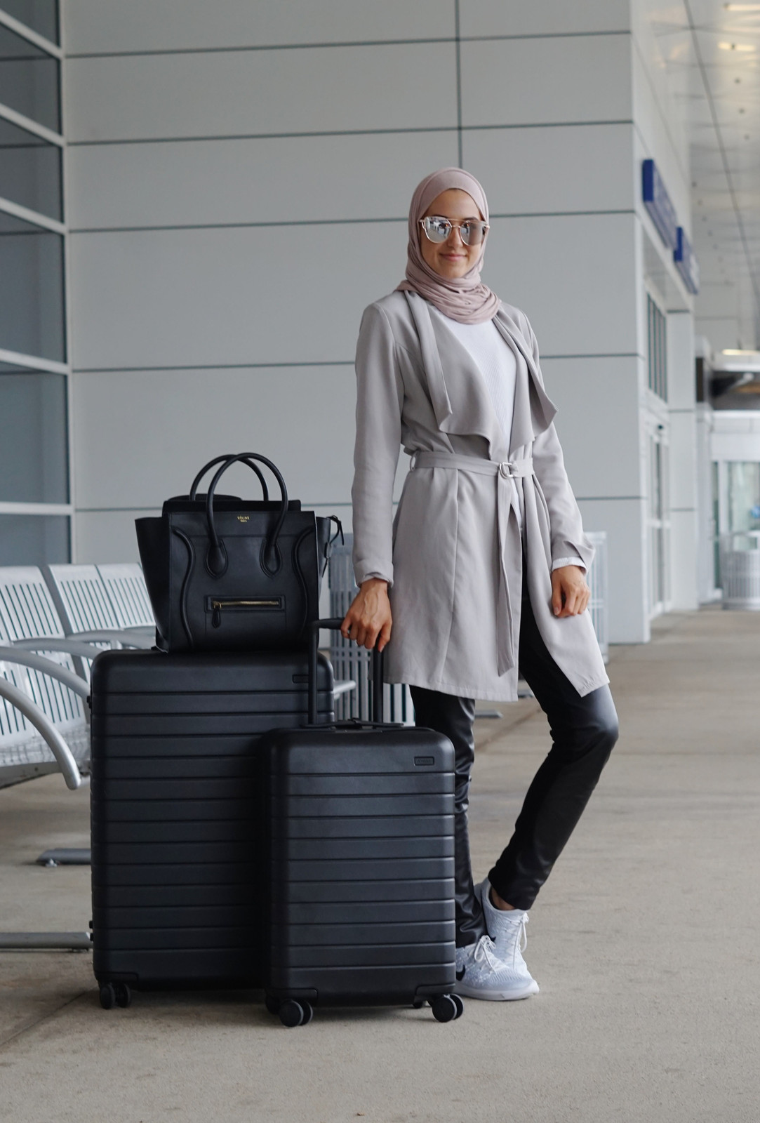 Grey Belted Trench Coat for Chic Travel Wear Hijab Outfits 2027