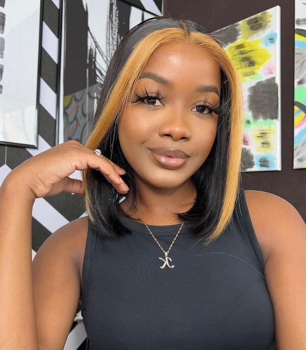 Chin Black Bob With Blunt Bangs And Blonde Money Piece Chin Black Bob With Blunt Bangs And Blonde Money Piece — Money Piece Bob 2027