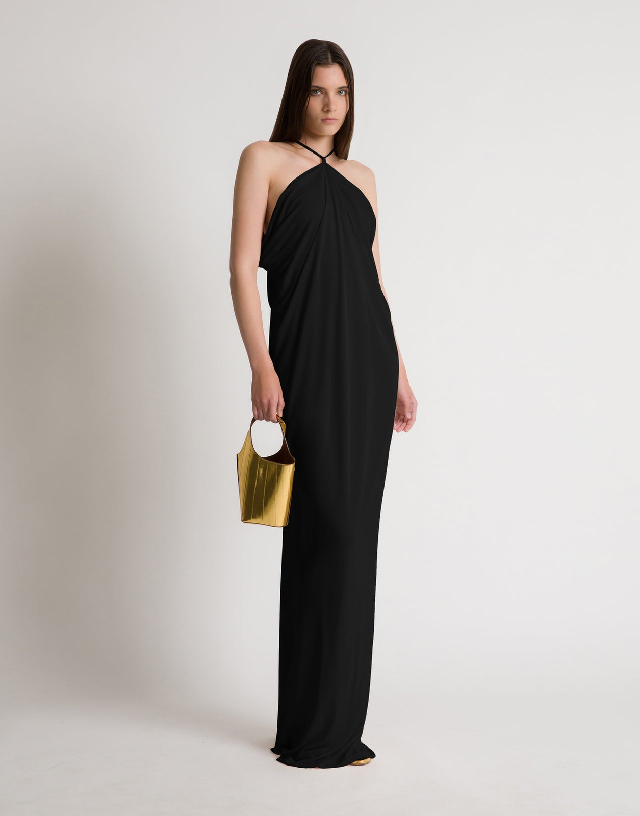 Draped Black Jersey Halter Dress with Scarf Detail Back Draped Black Jersey Halter Dress with Scarf Detail Back — Backless Dresses 2027