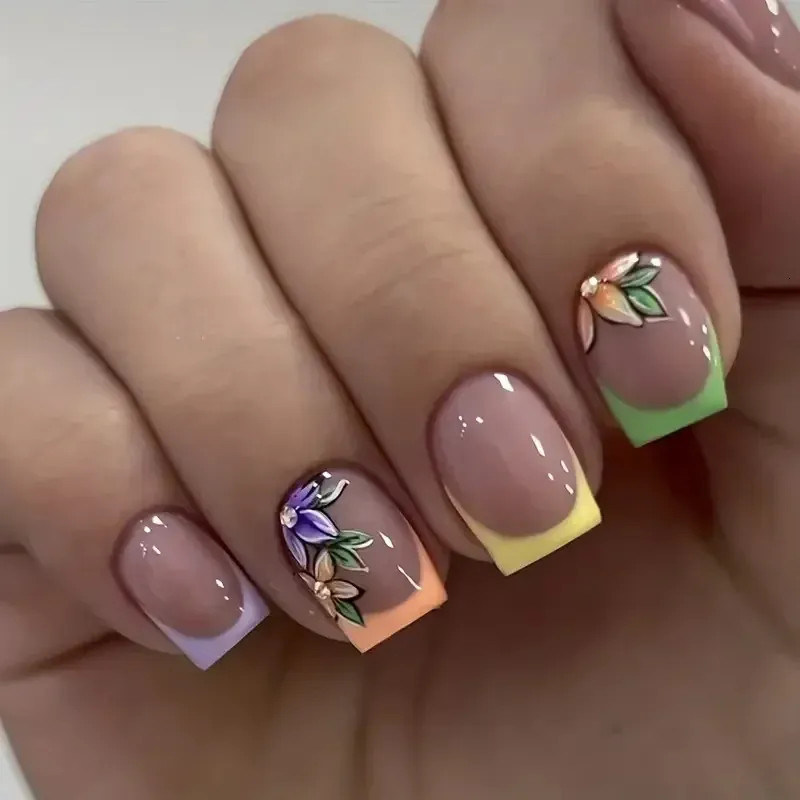 Sheer Nude Glossy French Tips with Pastel Floral Art Sheer Nude Glossy French Tips with Pastel Floral Art — Spring Square Nails 2027