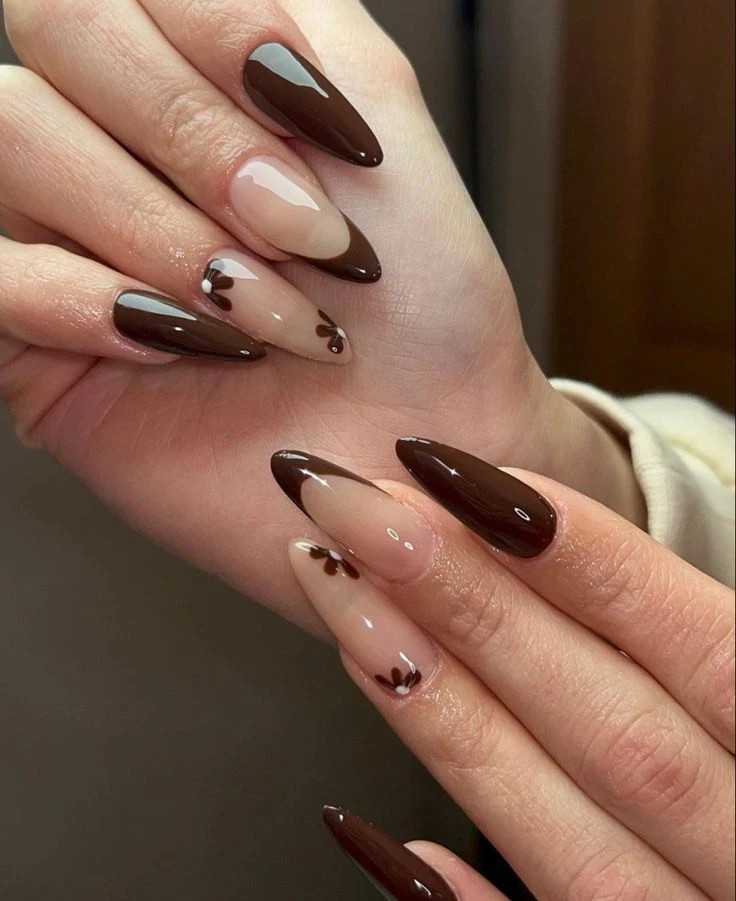 Espresso French Tips with Floral Almonds — Espresso Nails 2027
