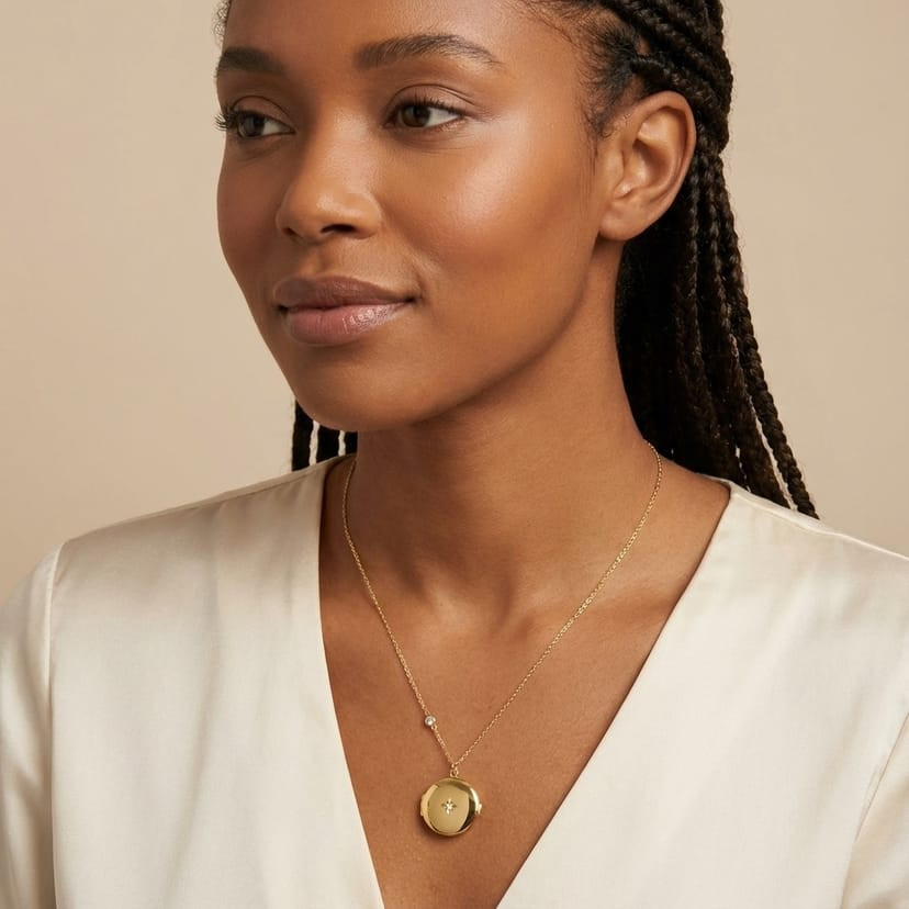 Ivory Satin Blouse Styled with a Delicate Round Gold Locket Ivory Satin Blouse Styled with a Delicate Round Gold Locket — Locket Necklaces 2027