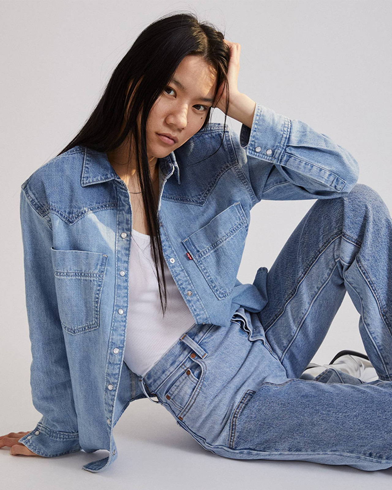 Double Denim with White Tank and Sneakers Double Denim with White Tank and Sneakers — Denim Shirt Outfits 2027