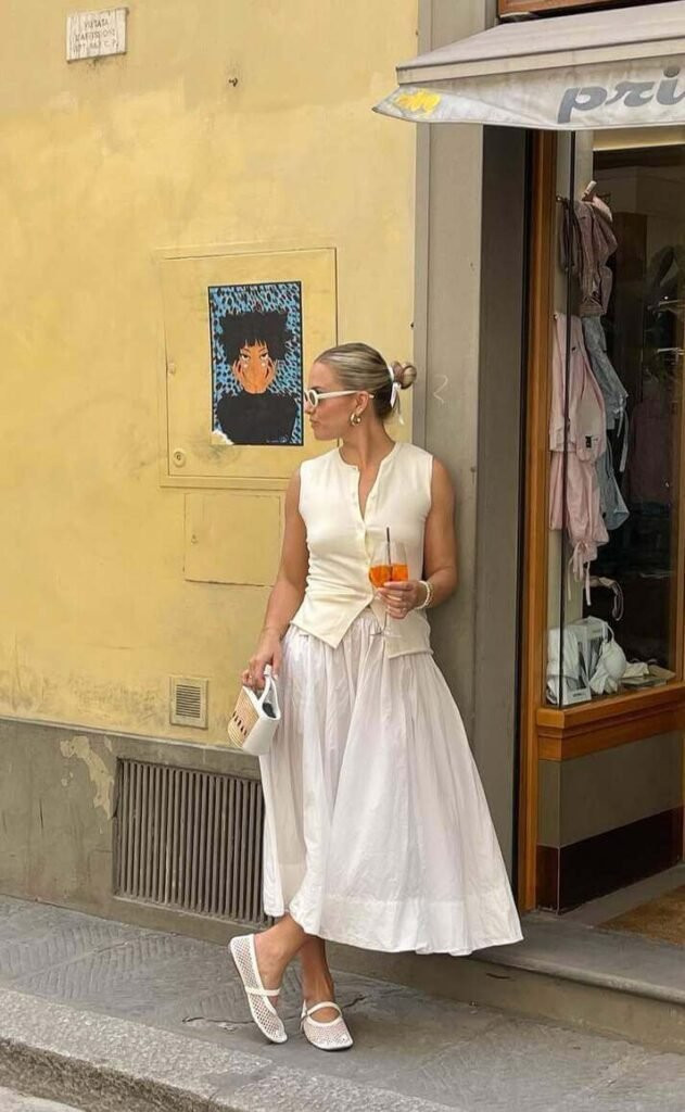 Chic Ivory Vest and Linen Skirt Ensemble Chic Ivory Vest and Linen Skirt Ensemble — Italy Summer Outfits 2027