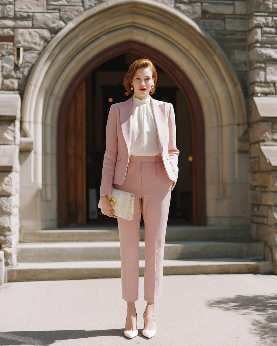 Chic Pink Tailored Suit with Wide-Leg Trousers for Church Chic Pink Tailored Suit with Wide-Leg Trousers for Church — Mothers Day Church Outfits 2027