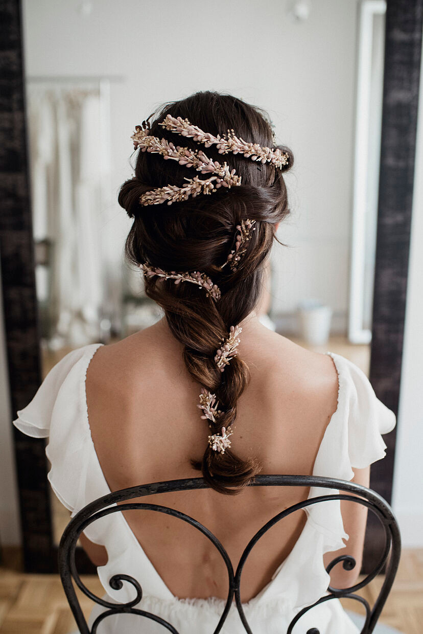 Dark Brown Intricate Braids With Florals — Spring Wedding Hair 2027