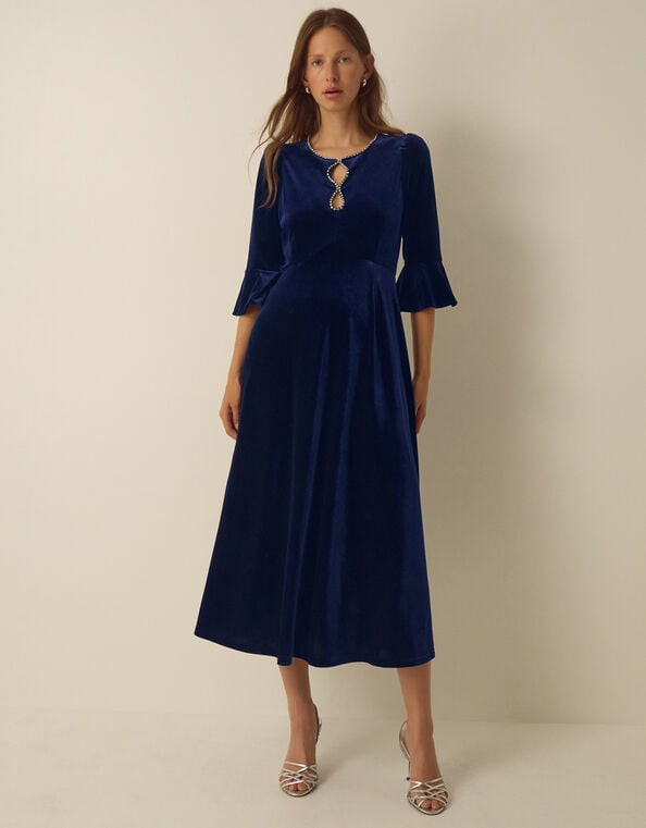 Deep Blue Velvet Fit-and-Flare Dress with Jewel Embellishments for Confirmation Deep Blue Velvet Fit-and-Flare Dress with Jewel Embellishments for Confirmation — Confirmation Outfits 2027
