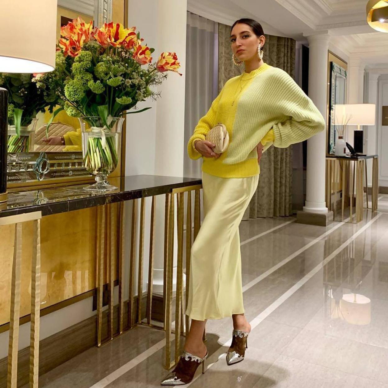 Pale Yellow Slip Skirt with Color-Block Sweater and Metallic Mules — Slip Skirt Outfits 2027