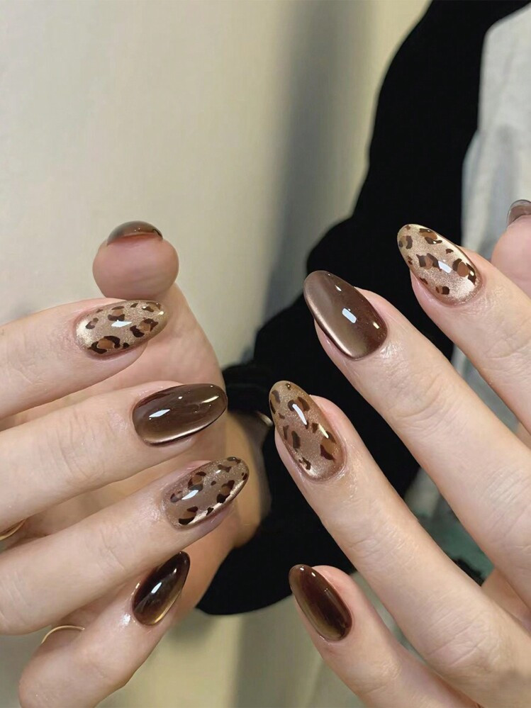 Brown Cat Eye And Gold Leopard Nails Brown Cat Eye And Gold Leopard Nails — Leopard Print Nails 2027