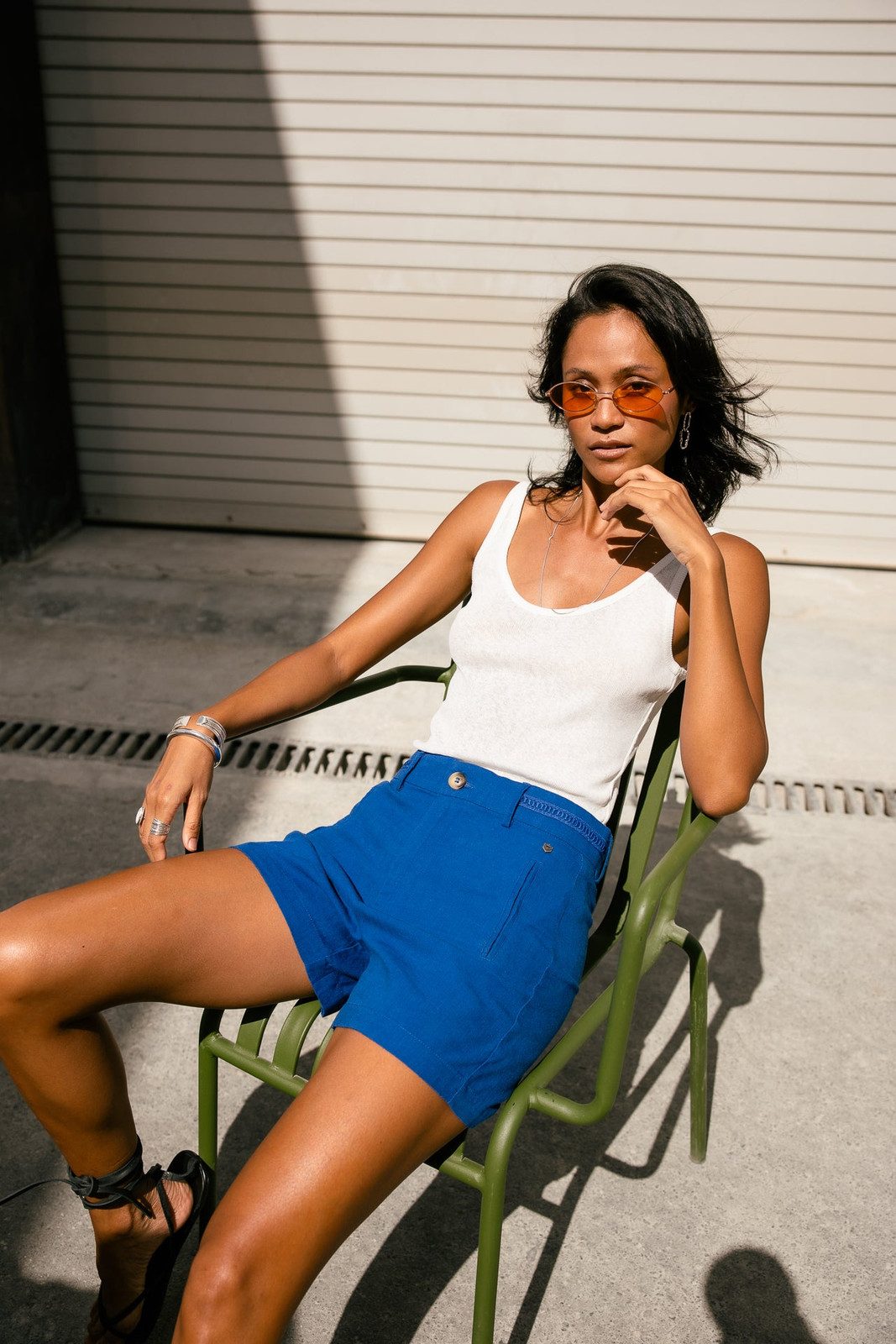 Royal Blue Utility Shorts with White Tank Top and Black Sandals Royal Blue Utility Shorts with White Tank Top and Black Sandals — Linen Shorts Outfits 2027