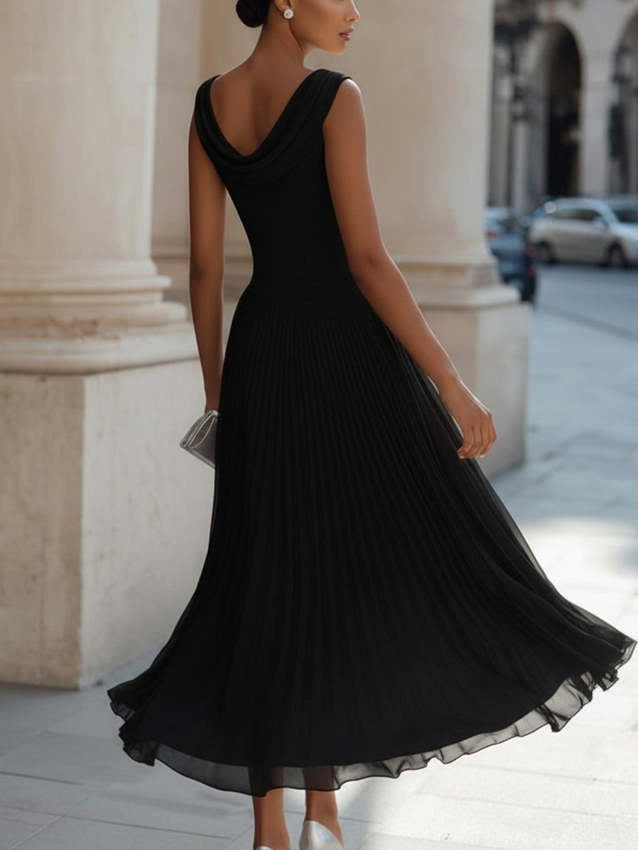 Black Sleeveless Pleated Dress with Draped Neckline Black Sleeveless Pleated Dress with Draped Neckline — Pleated Dress 2027