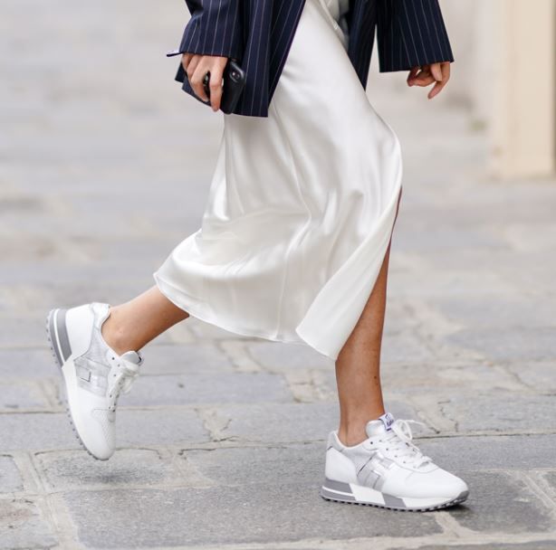 Satin Slip Dress and Pinstripe Blazer with Sneakers Satin Slip Dress and Pinstripe Blazer with Sneakers — White Sneakers Outfits 2027