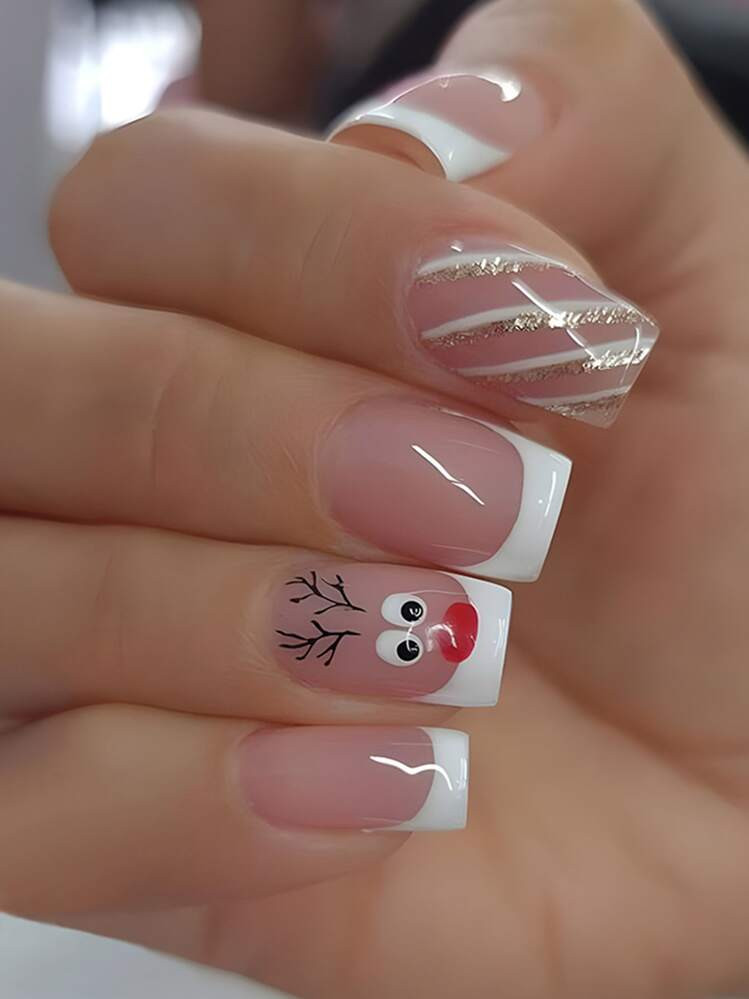 Short Square French with Reindeer Face Short Square French with Reindeer Face — Christmas Square Nails 2026