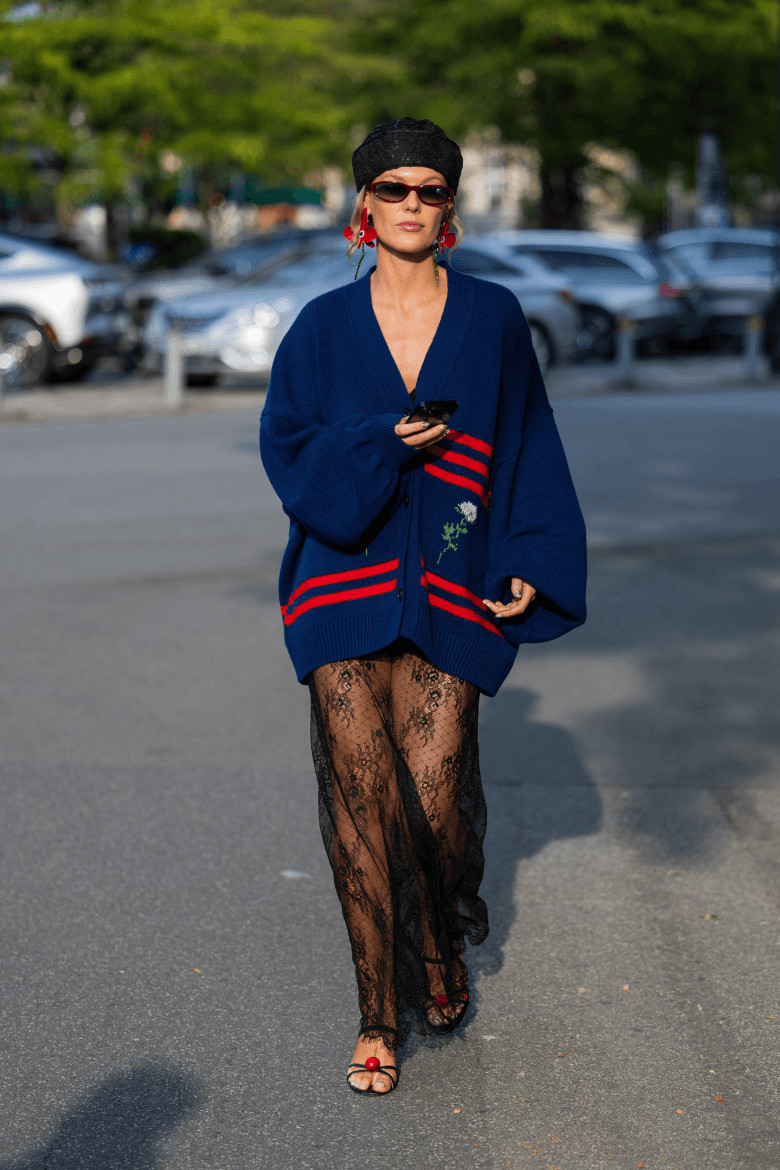 Oversized Blue Cardigan with Floral Embroidery and Red Sandals Oversized Blue Cardigan with Floral Embroidery and Red Sandals — Oversized Sweater Outfits 2027