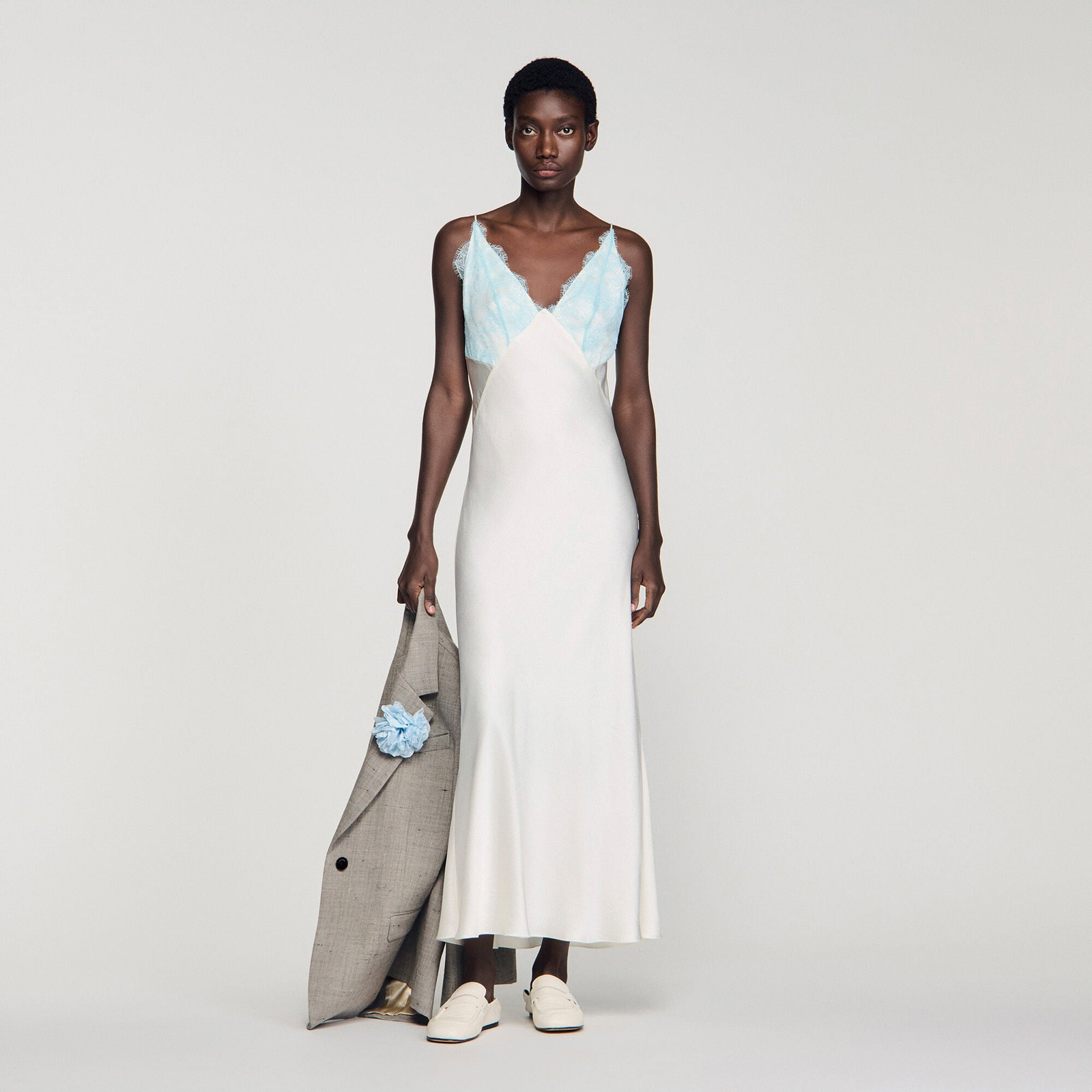 White Slip Dress with Blue Lace Panel and Loafers White Slip Dress with Blue Lace Panel and Loafers — Slip Dresses 2027