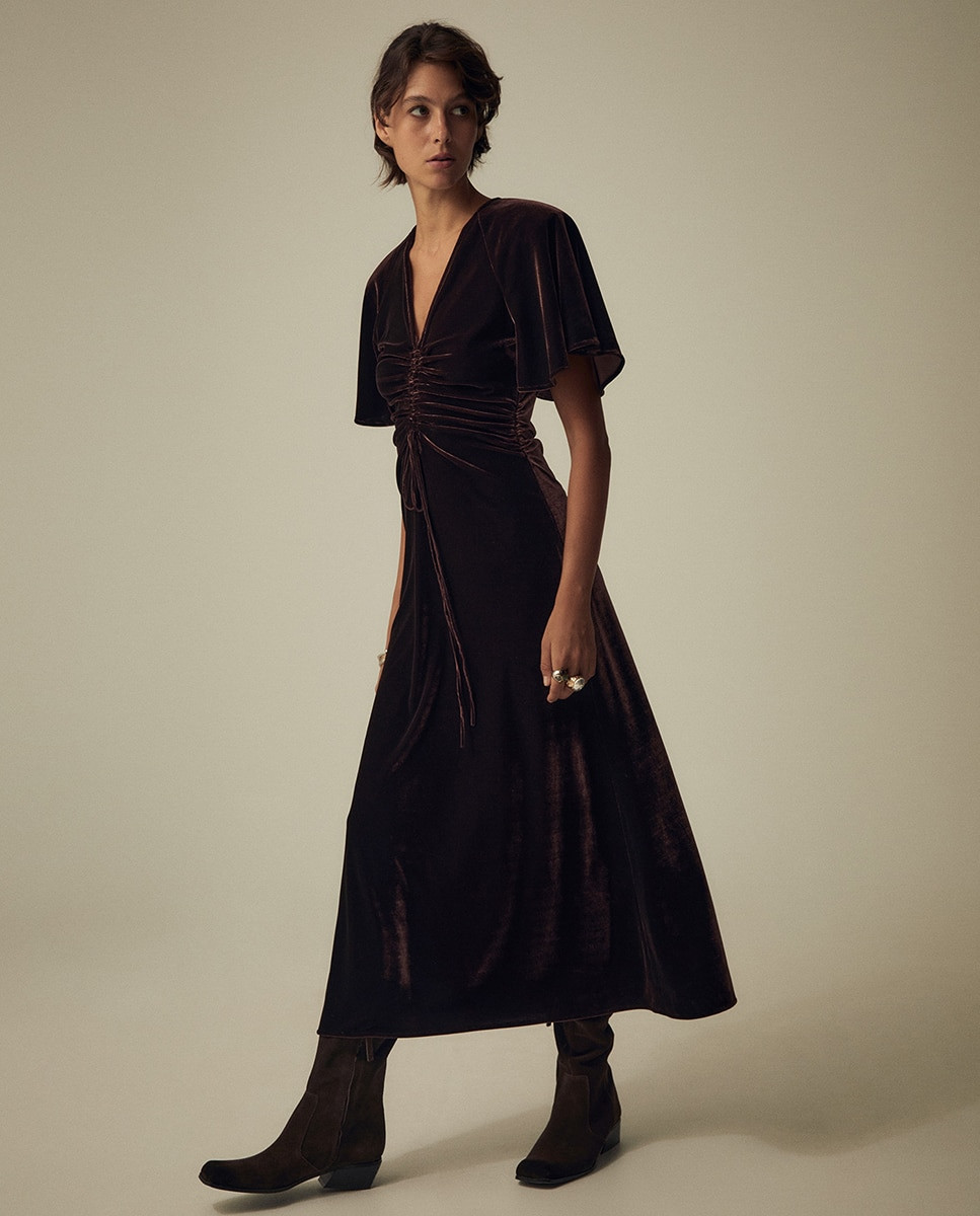 Dark Brown Velvet A-Line with Ruched Bodice and Flutter Sleeves — Semi Formal Dresses 2027